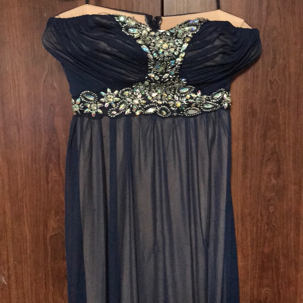 Navy blue prom dress really long and strapless